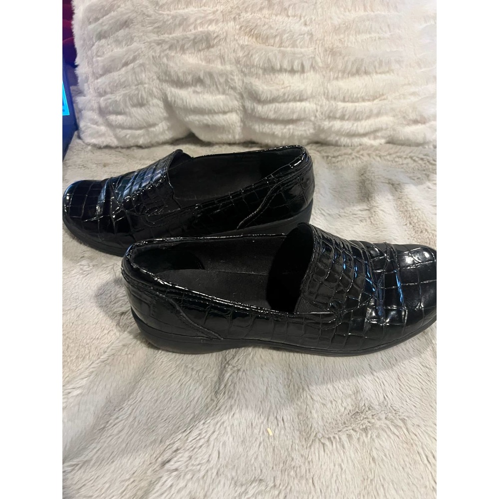 CLARKS May Poppy Black Shoes Womens 9 M Bendables Patent Moc Croc Slip On Flat